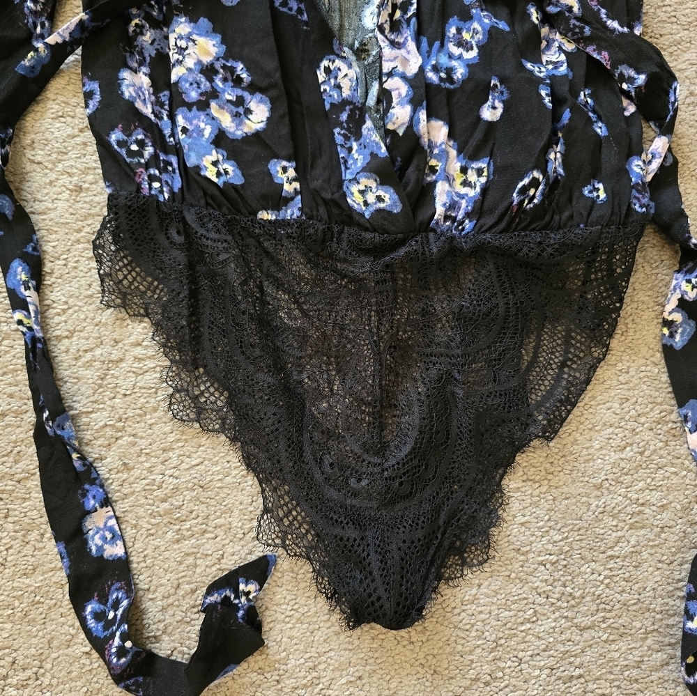 Free People Intimates Floral Bodysuit - Black and Blue Boho Feminine - Picture 6 of 8